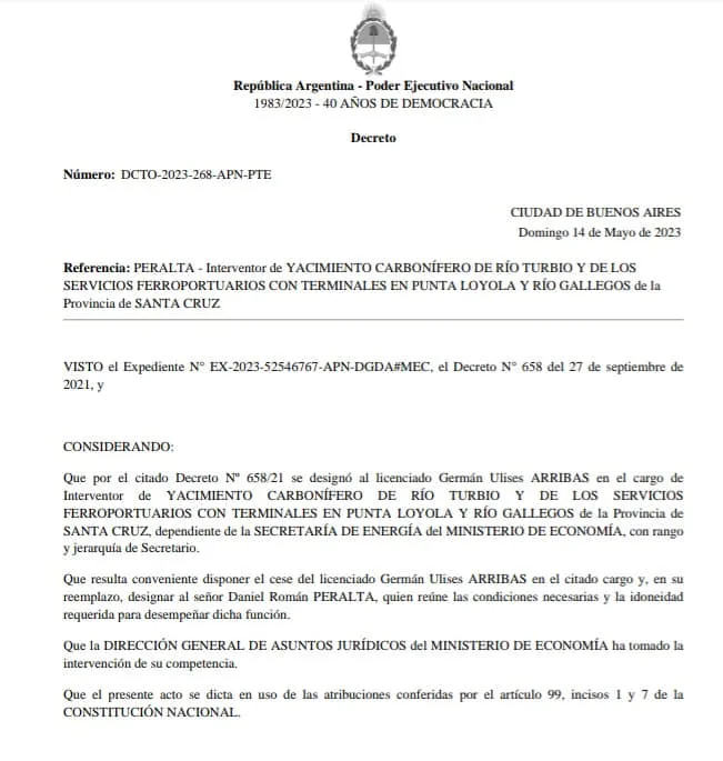 decreto peralta en YCRT 1